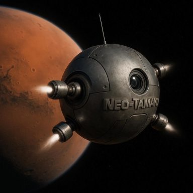 Dron esférico en el espacio orbitando sobre Marte. Es el Tió, el cuerpo de Neo-Tamayo